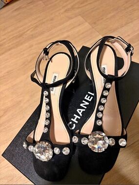Miu Miu Black Suede T-Strap Heels with Crystal Accents